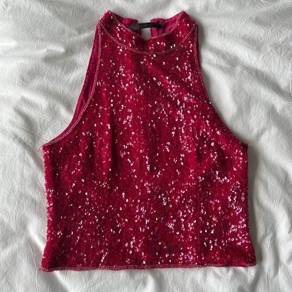 HOT pink sequin crop top with beaded edges - LIKE NEW